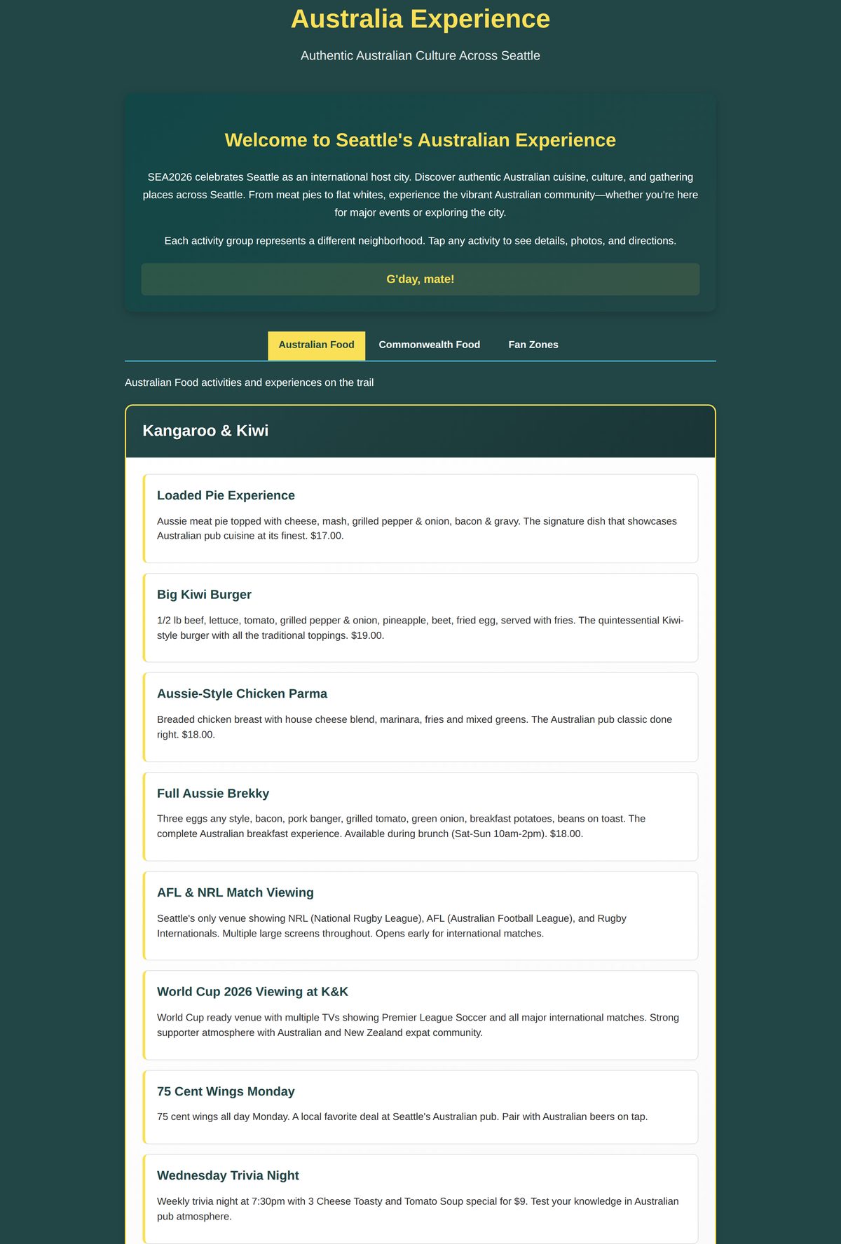 The Australia page: venue-by-venue listings for Kangaroo & Kiwi, Arthur's and the Australian Pie Company, each dish described with its price, alongside match-viewing and weekly events.